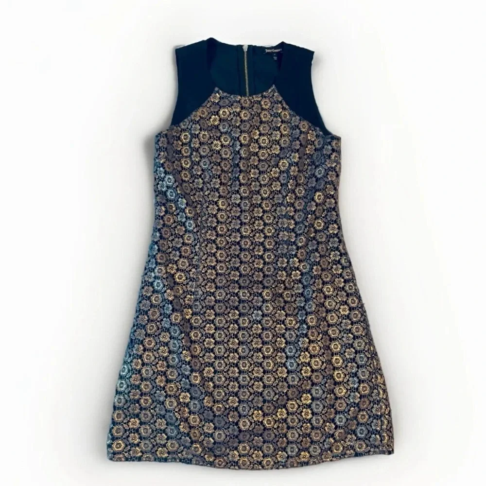 Juicy Couture Gold Overlay Embroidered Black Dress Size 4 - Picture 2 of 12